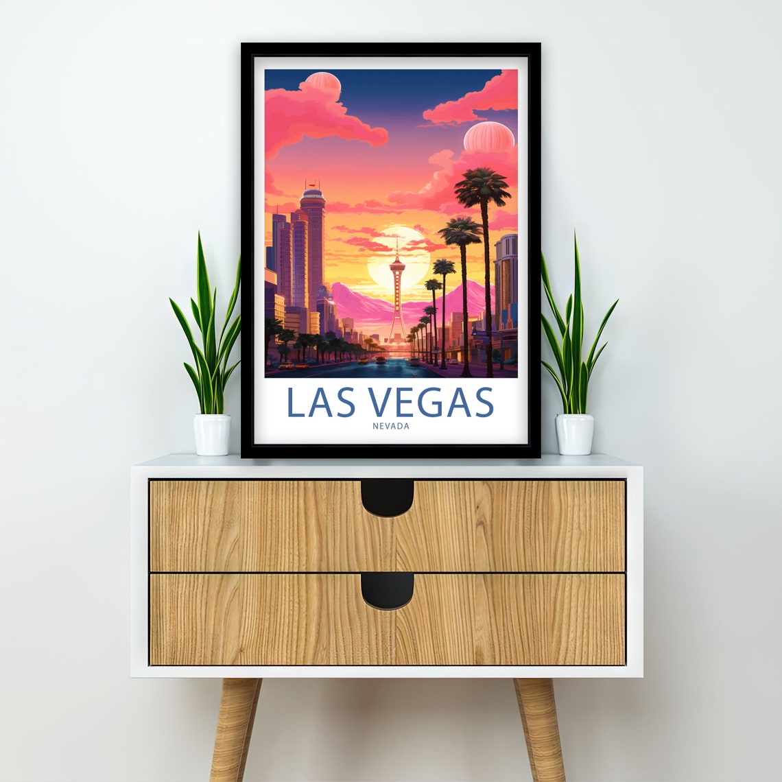 Las Vegas Nevada Sunset STRAT Tower Palm Trees Pink Sky Art Poster - Image 2