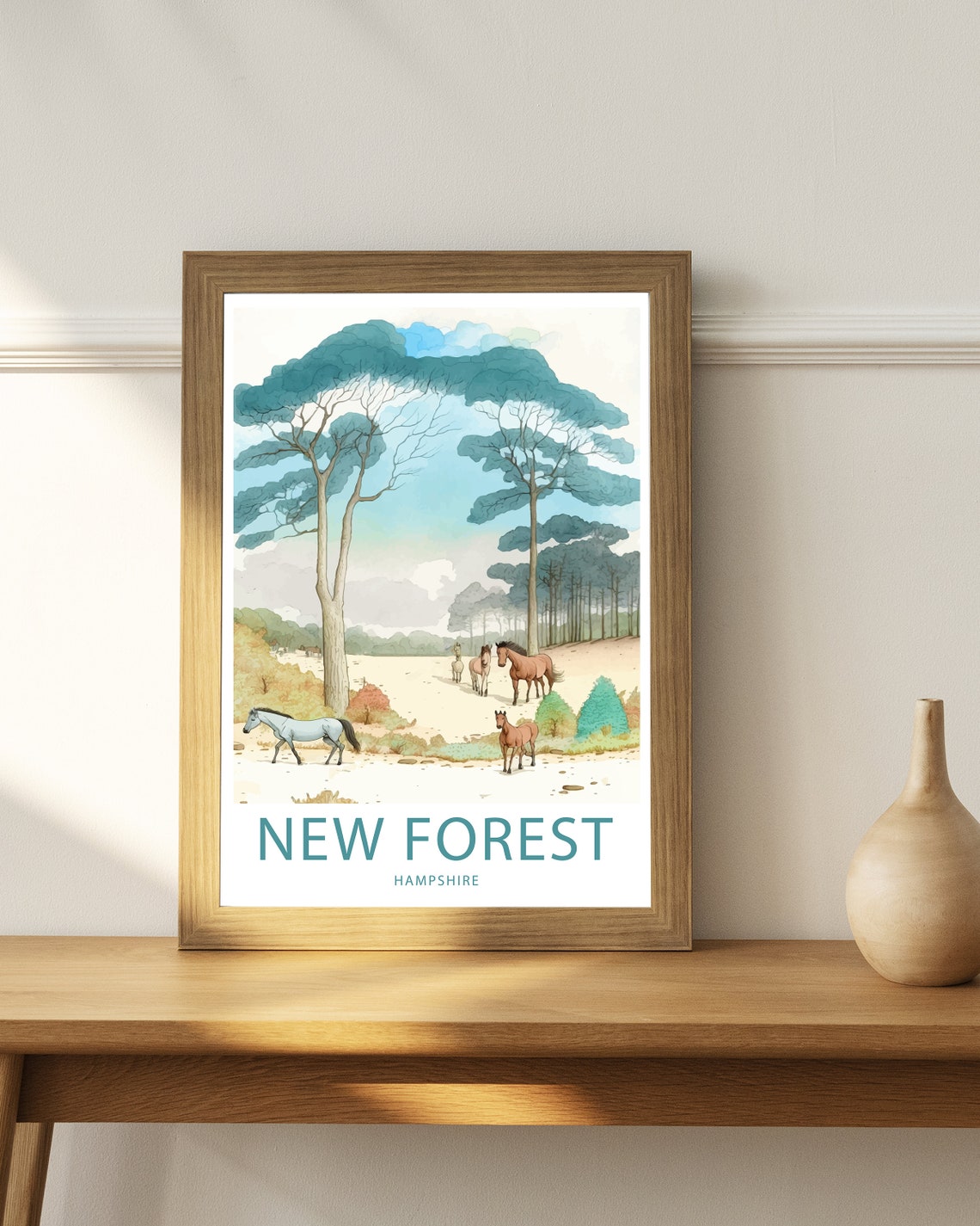 New Forest Hampshire Horses Clearing Pine Trees Watercolor Poster - Image 4