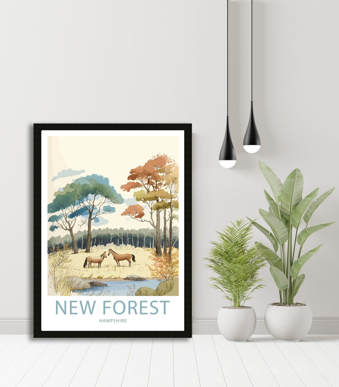 New Forest Hampshire Autumn Ponies By The Stream Watercolor Poster - Image 5