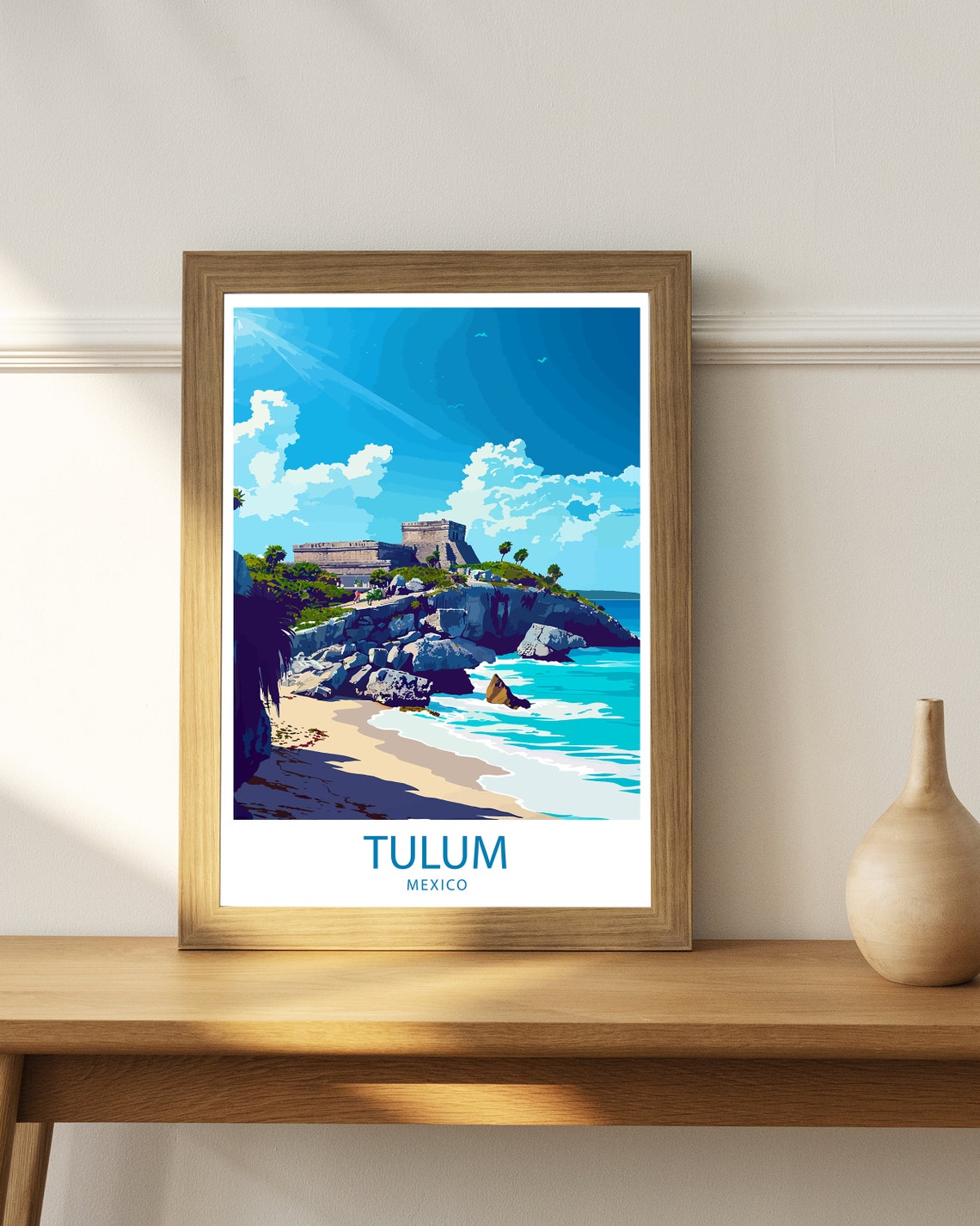 Tulum Mexico Ancient Ruins on Ocean Cliffs Travel Art Poster - Image 2