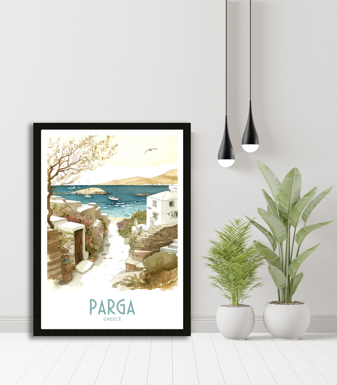 Parga Greece Watercolor White Alley Harbor Boats Olive Tree Art Poster - Image 5