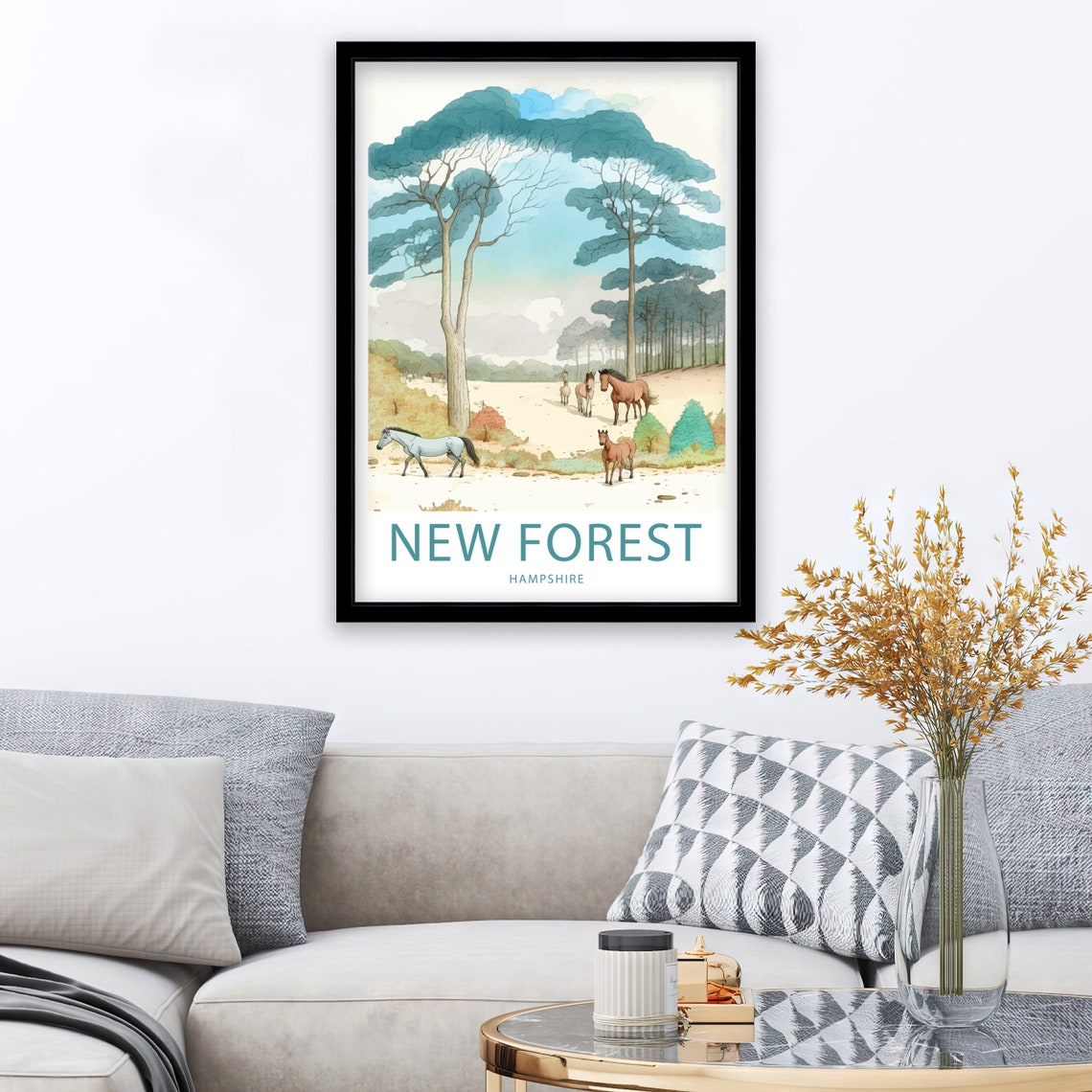 New Forest Hampshire Horses Clearing Pine Trees Watercolor Poster - Image 3
