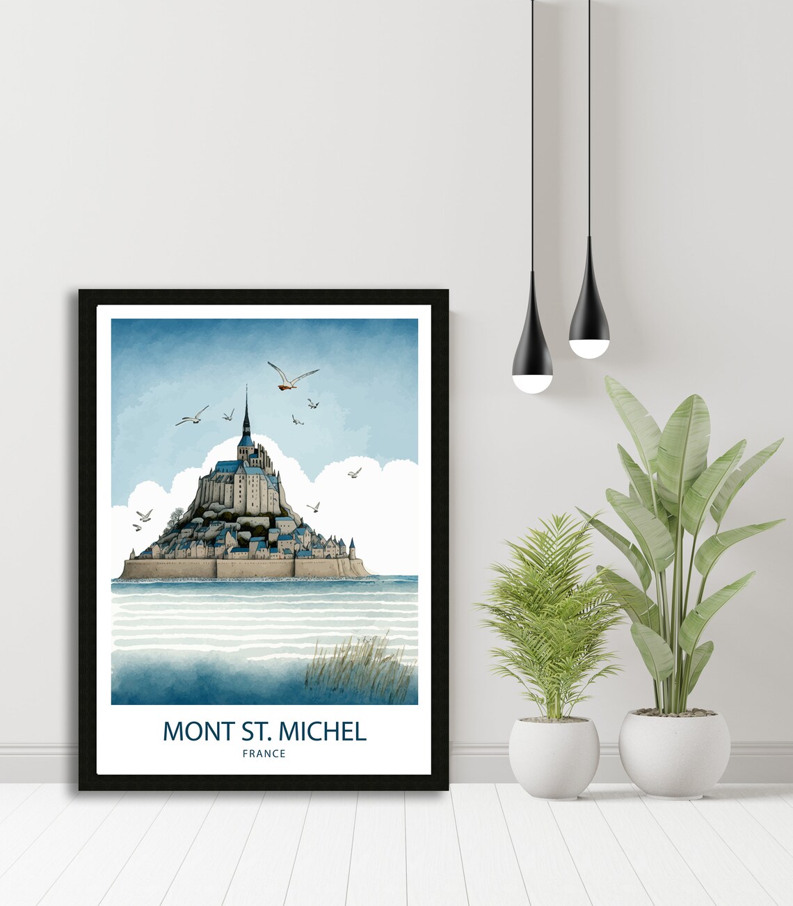 Mont St Michel France Watercolor Abbey Seagulls Travel Poster - Image 4