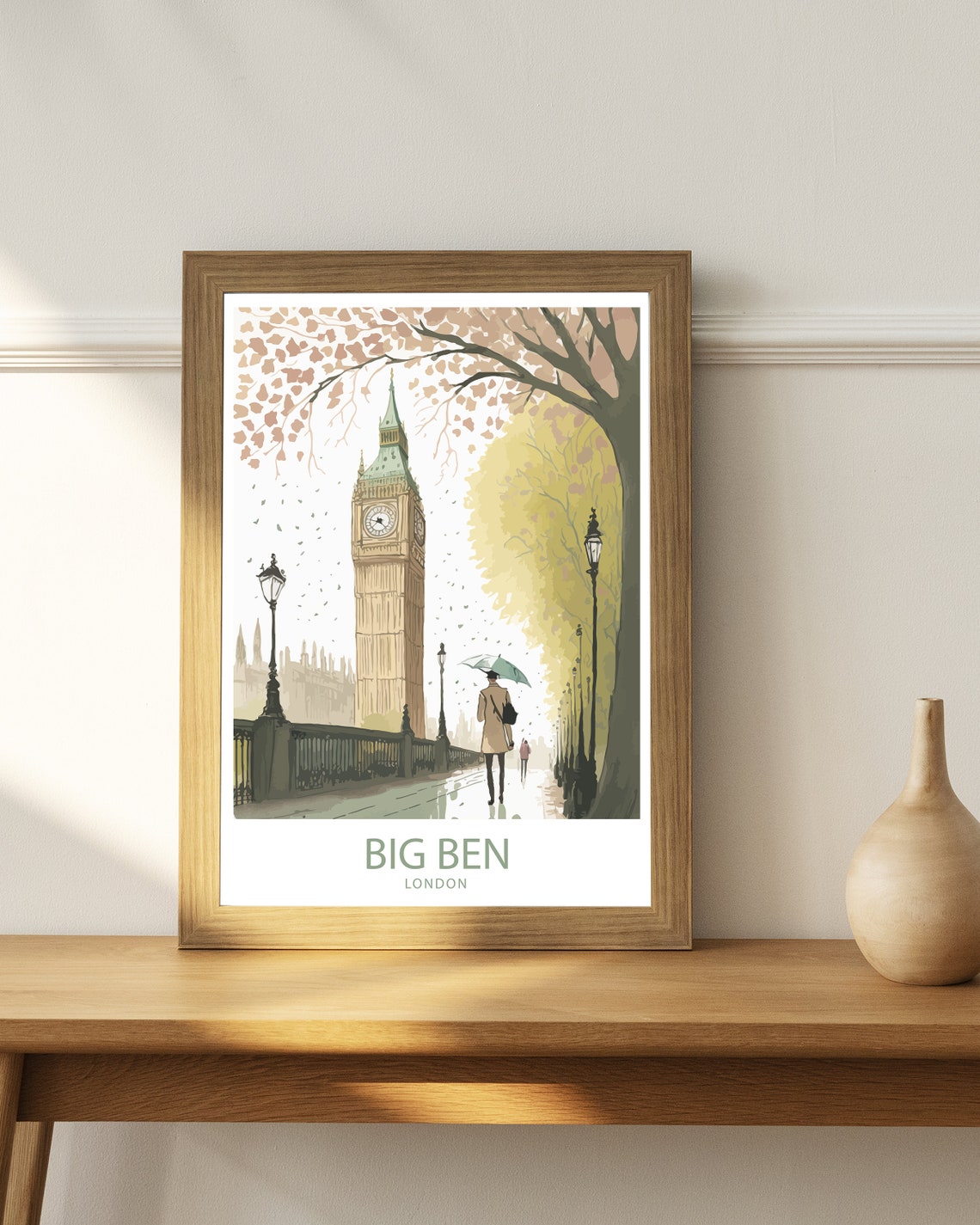 Big Ben London Rainy Umbrella Walker Autumn Watercolor Poster - Image 3