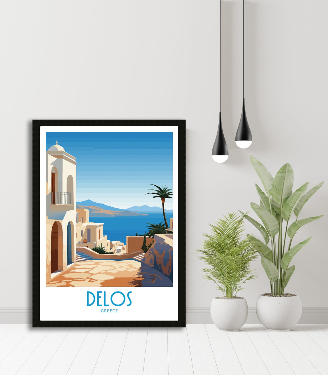 Delos Greece Whitewashed Street Church Tower Palm Tree Sea Poster - Image 5
