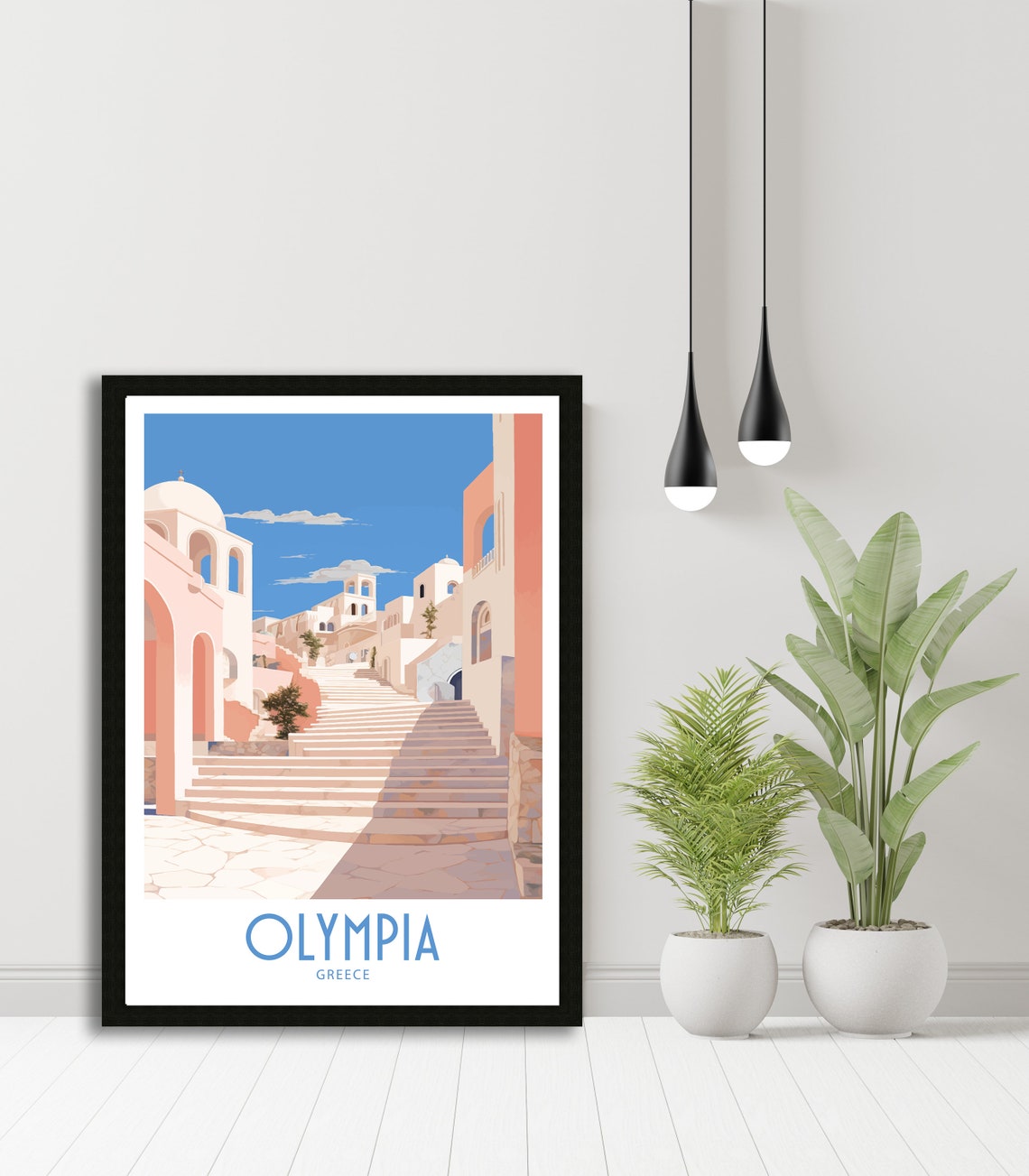 Olympia Greece Hilltop Steps Church Towers Sunlit Climb Travel Poster - Image 5