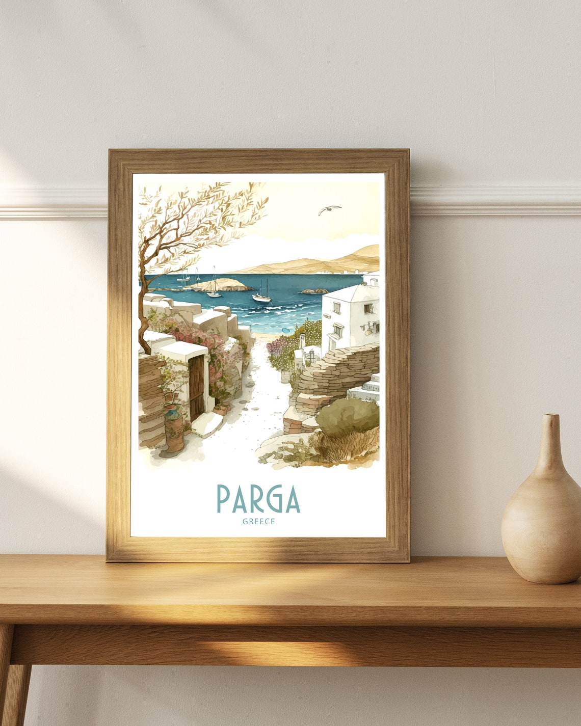 Parga Greece Watercolor White Alley Harbor Boats Olive Tree Art Poster - Image 4