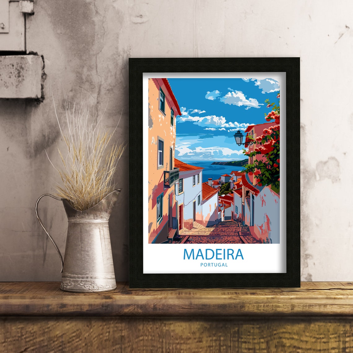 Madeira Portugal Charming Cobblestone Lane Leading to the Sea Poster - Image 4