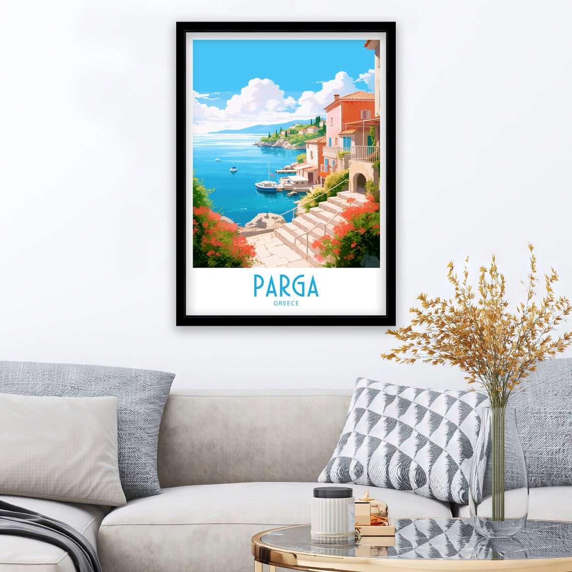 Parga Greece Harbor Steps Red Flowers Pastel Houses Travel Art Poster - Image 3