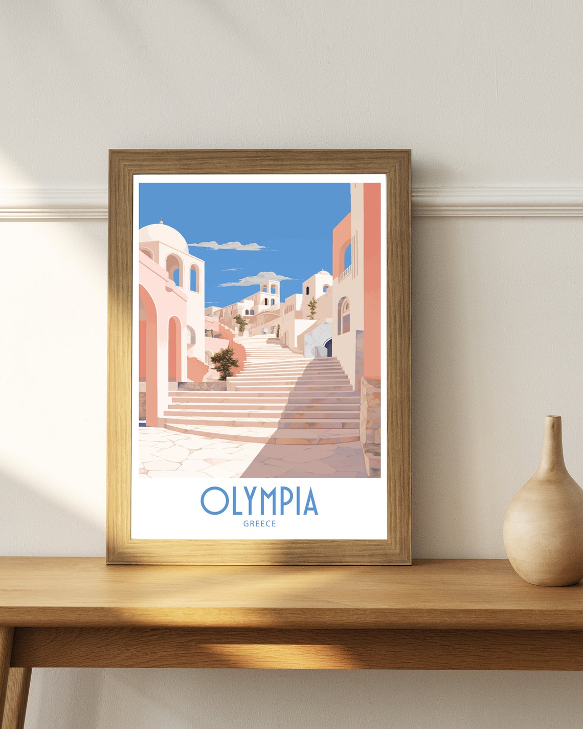 Olympia Greece Hilltop Steps Church Towers Sunlit Climb Travel Poster - Image 4