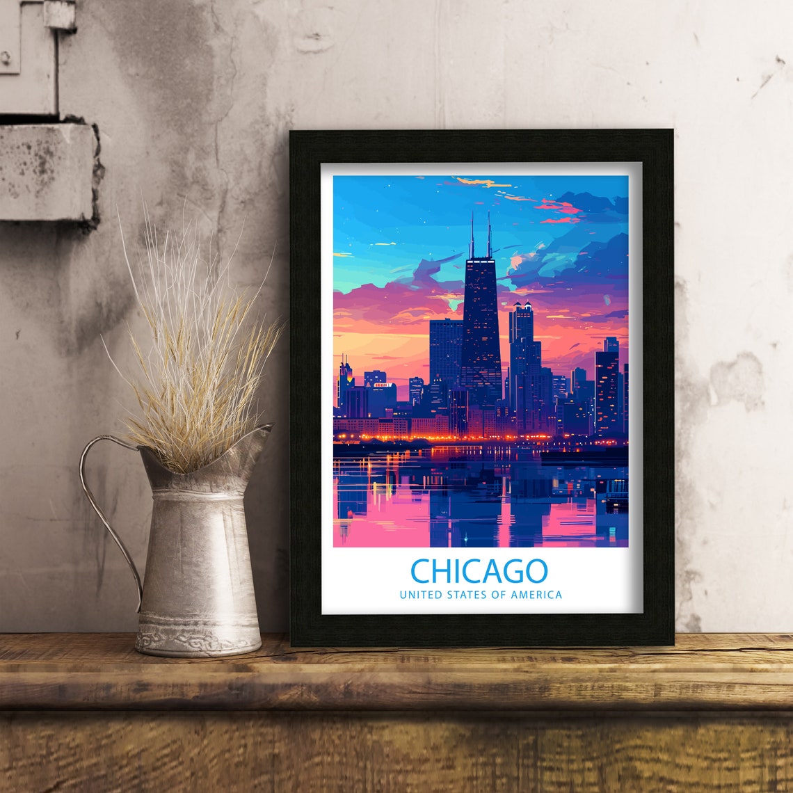 Chicago Illinois Sunset Downtown Skyline Lake Reflection Travel Poster - Image 6