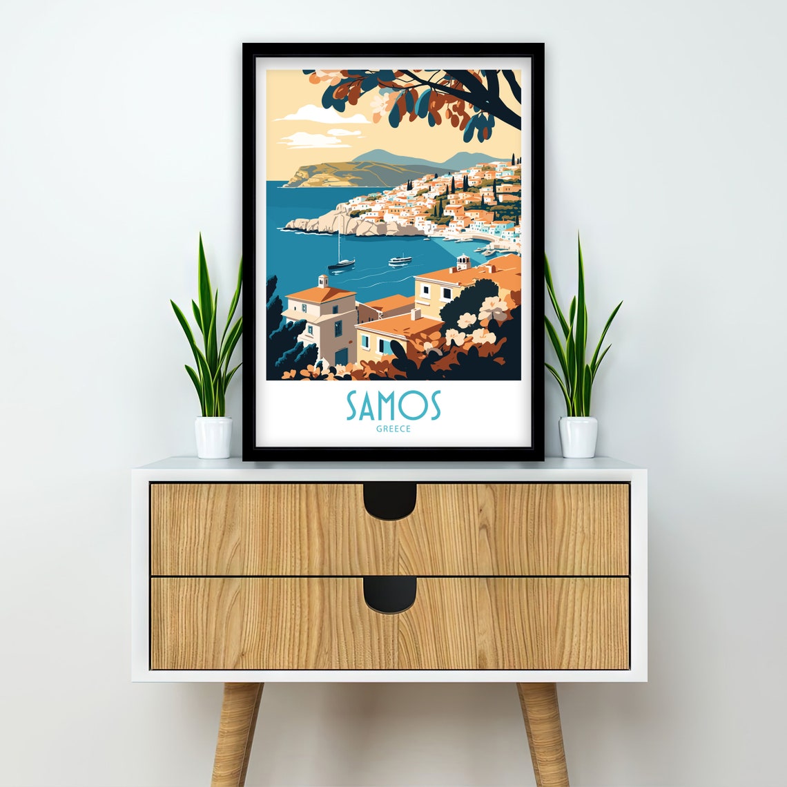 Samos Greece Hillside Town Harbor Bay Sunset Vintage Travel Poster - Image 2