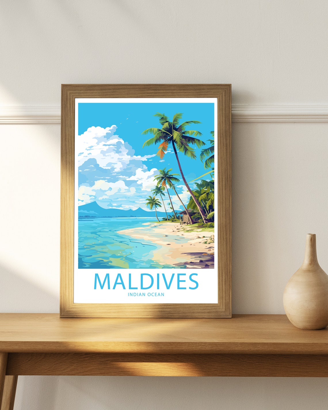 Maldives Indian Ocean Leaning Palms Sandy Beach Clear Blue Sea Poster - Image 3