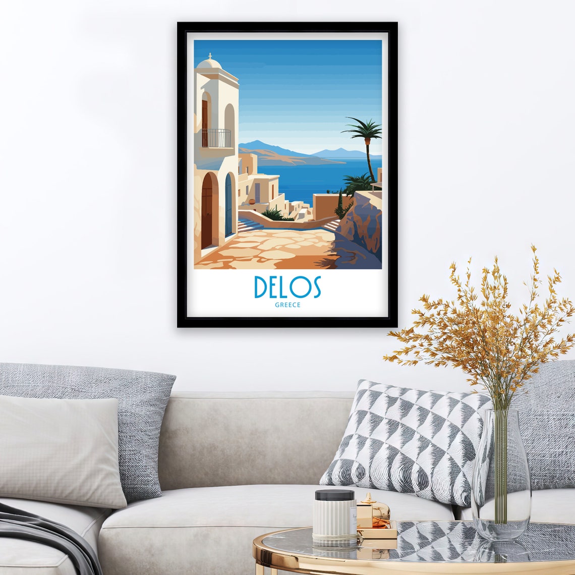 Delos Greece Whitewashed Street Church Tower Palm Tree Sea Poster - Image 3