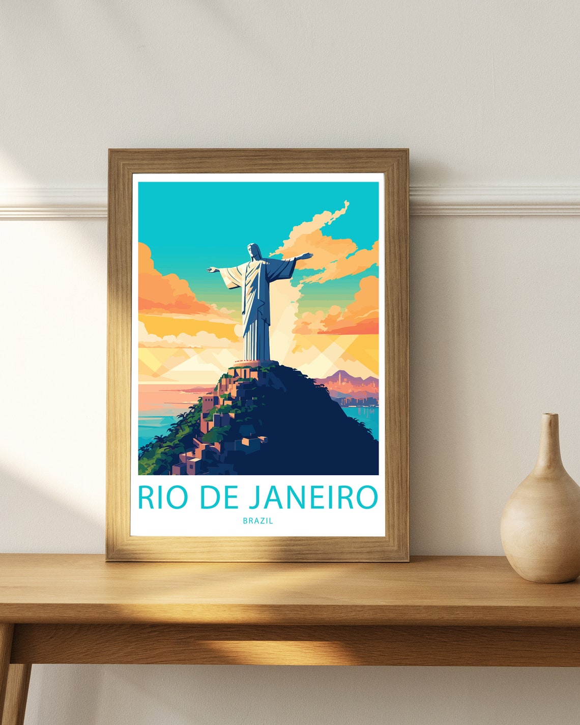 Rio de Janeiro Brazil Christ the Redeemer Sunset Illustrated Poster - Image 3