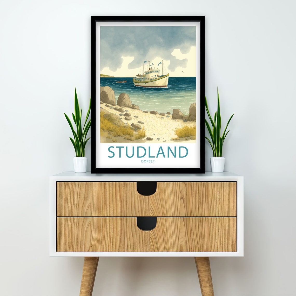 Studland Dorset Ferry Crossing Rocky Shore Watercolor Beach Poster - Image 2