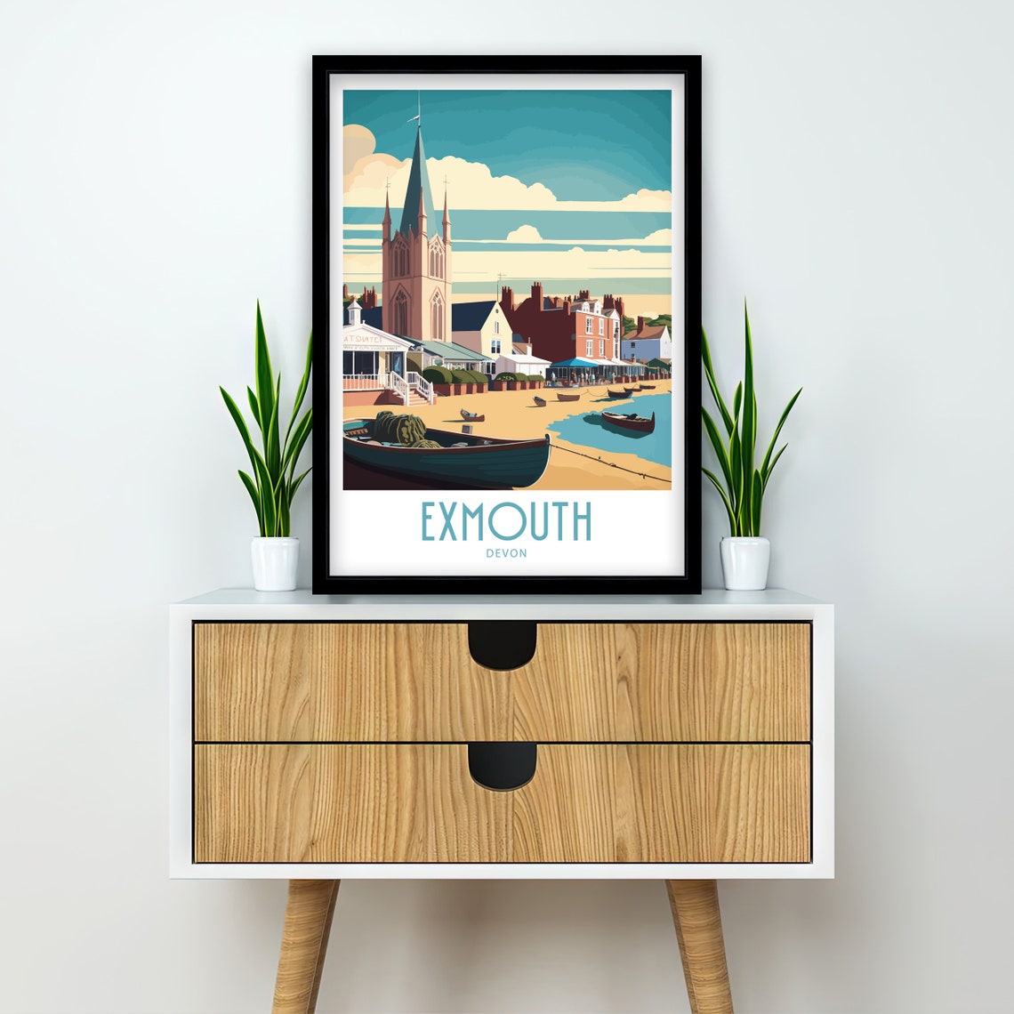 Exmouth Devon Beach Boats Church Spire Vintage Travel Poster - Image 2
