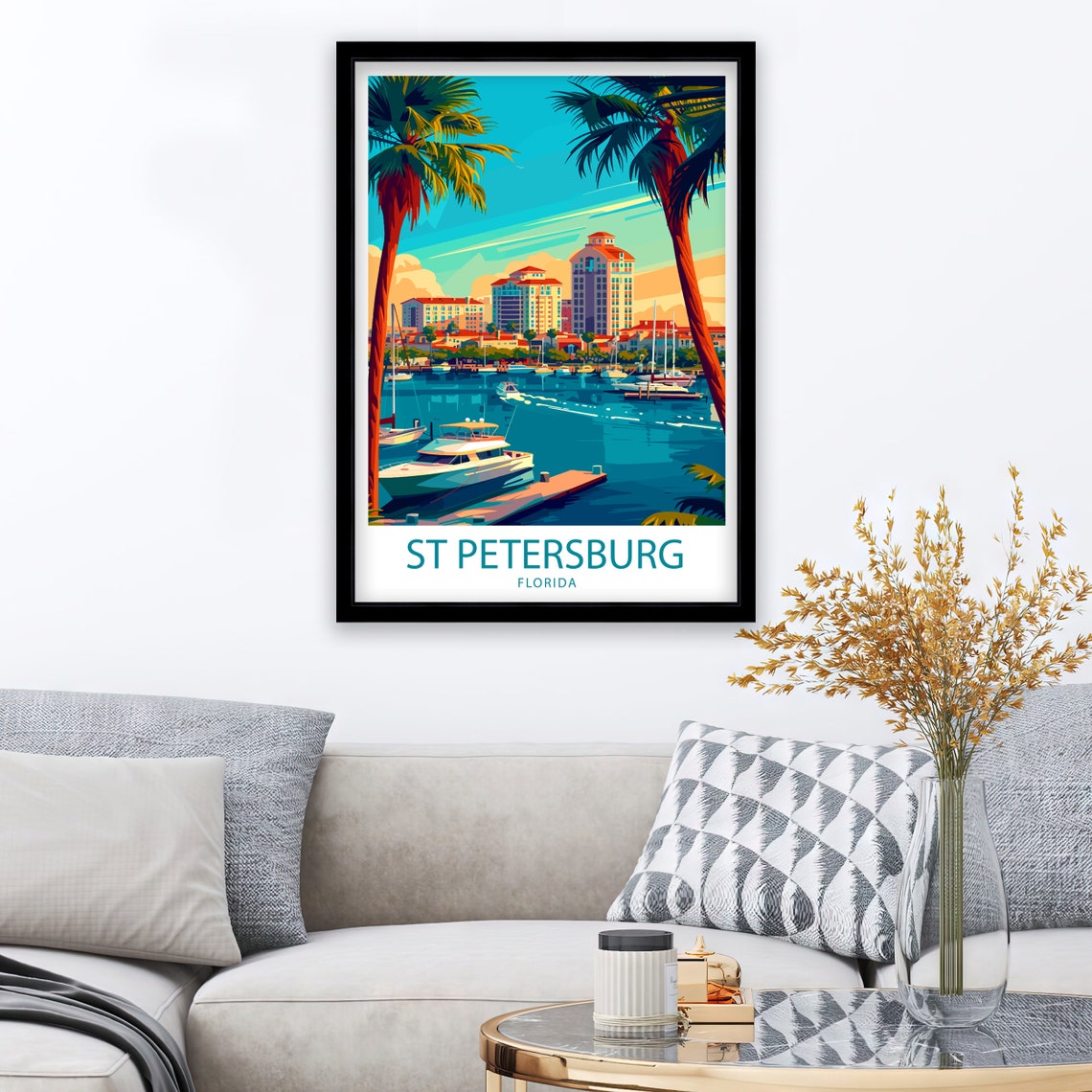 St Petersburg Florida Harbor with Yachts and Palm Trees Art Poster - Image 2