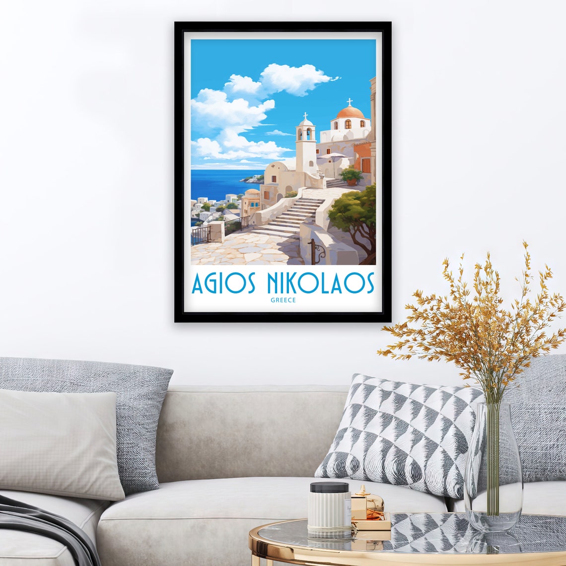 Agios Nikolaos Greece Hilltop Church Stone Steps Sea View Poster - Image 3