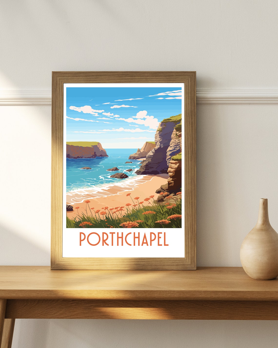 Porthchapel Cornwall Coastal Cliffs Beach Art Illustration Poster - Image 4