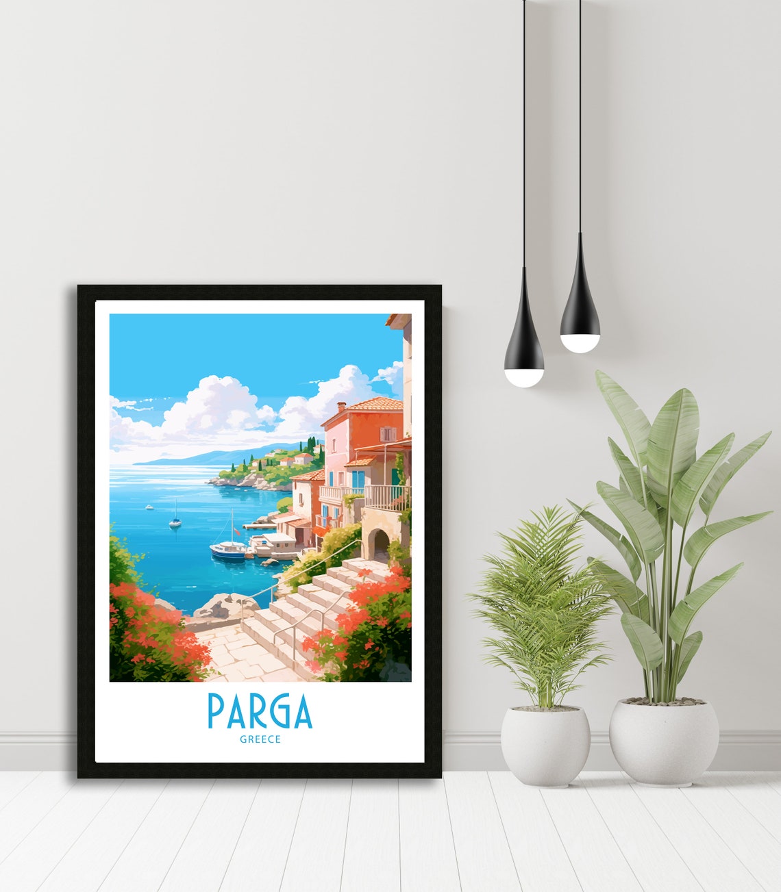 Parga Greece Harbor Steps Red Flowers Pastel Houses Travel Art Poster - Image 5