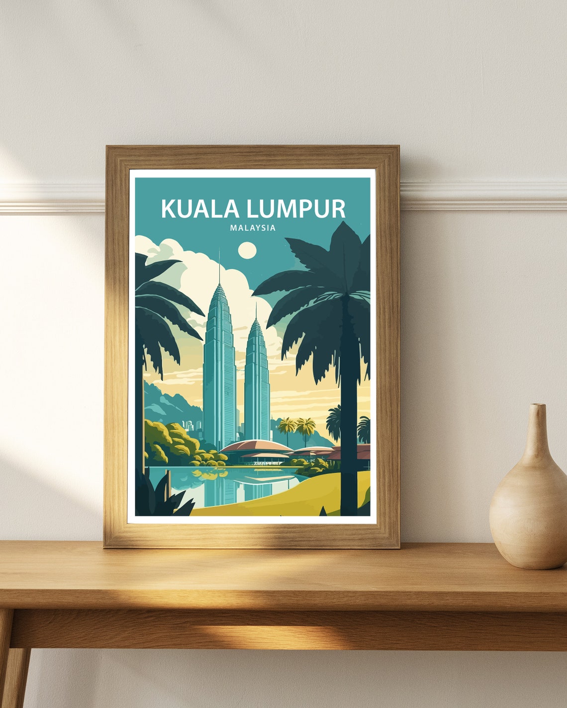 Kuala Lumpur Malaysia Twin Towers Palms And Moon Retro Travel Poster - Image 4