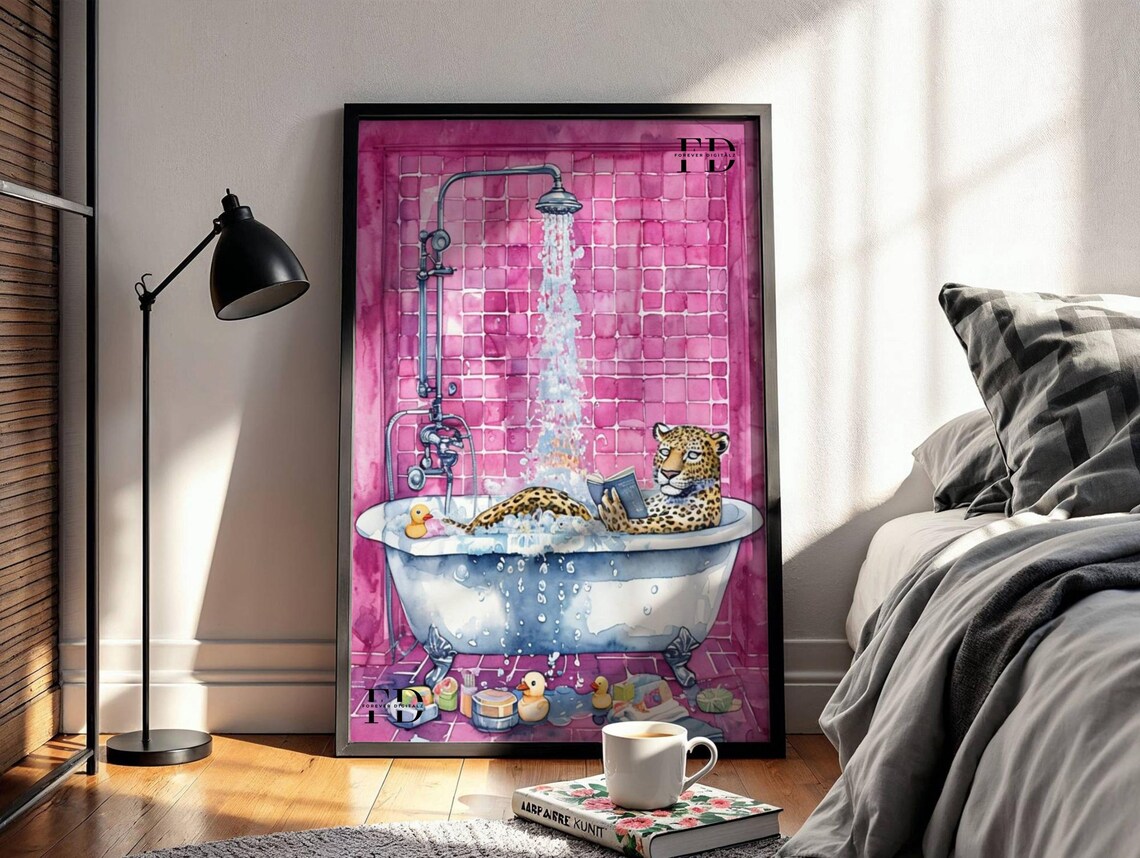 Leopard Bubble Bath Reading Book Funny Bathroom Decor Poster - Image 3