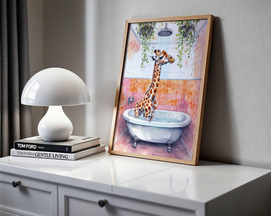 Funny Bathroom Giraffe Taking A Shower, Poster Print - Image 2