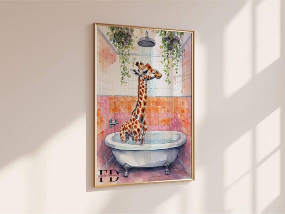 Funny Bathroom Giraffe Taking A Shower, Poster Print