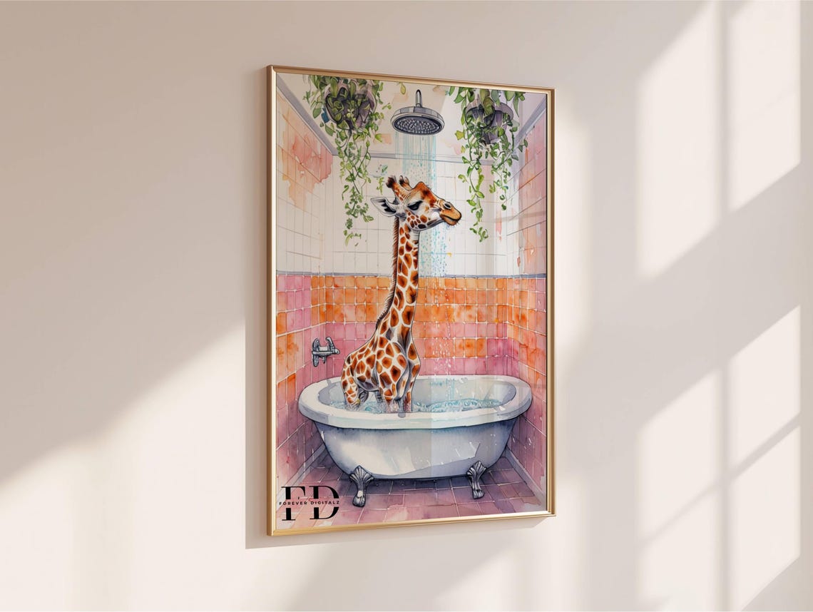 Funny Bathroom Giraffe Taking A Shower, Poster Print