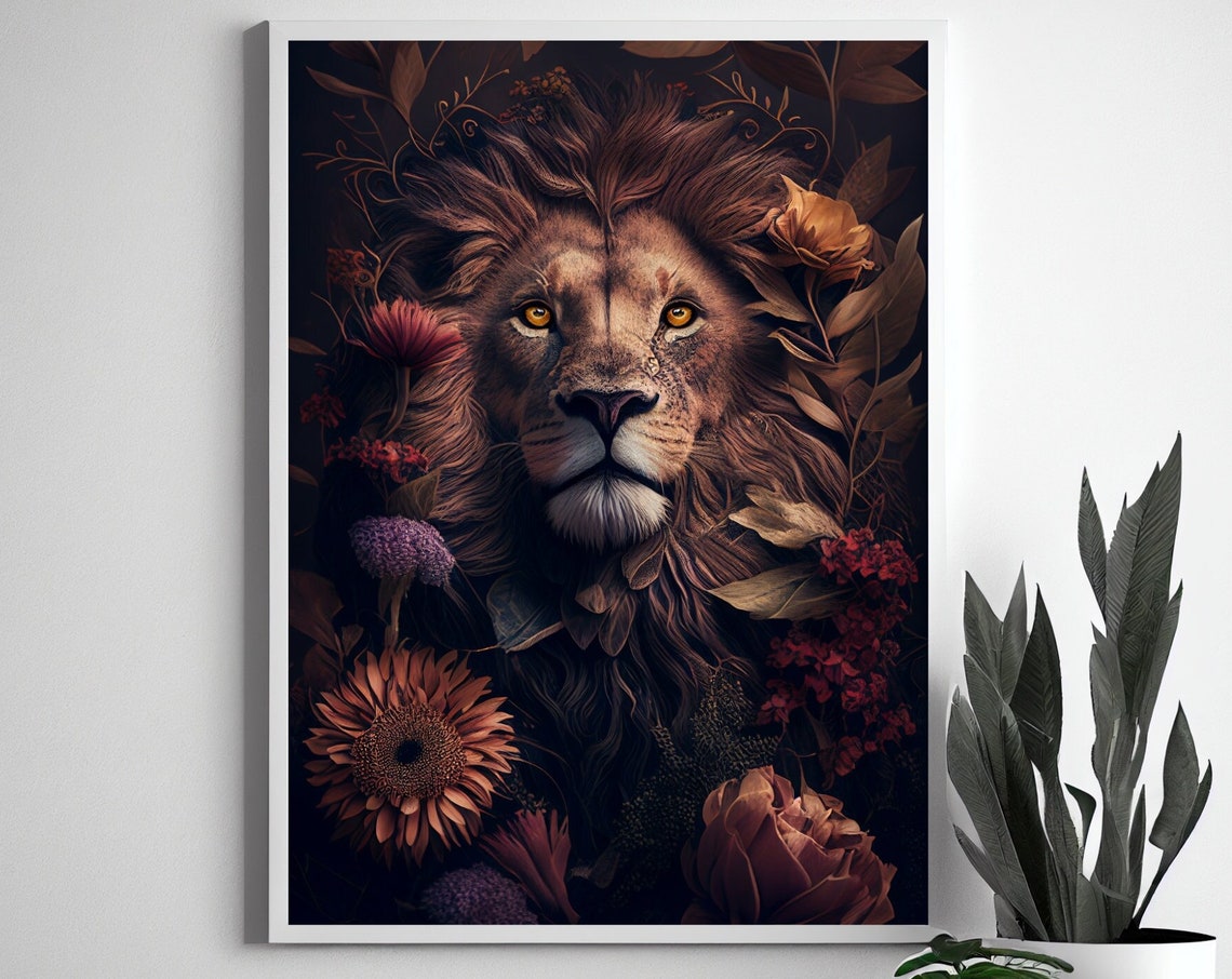 Lion Among Dark Flowers Vintage Boho Floral Big Cat Portrait Poster - Image 2