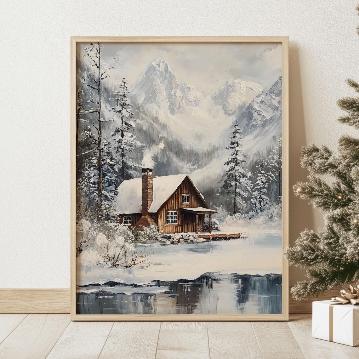 Rustic Log Cabin by Snowy Lake beneath Mountain Peaks Poster - Image 2