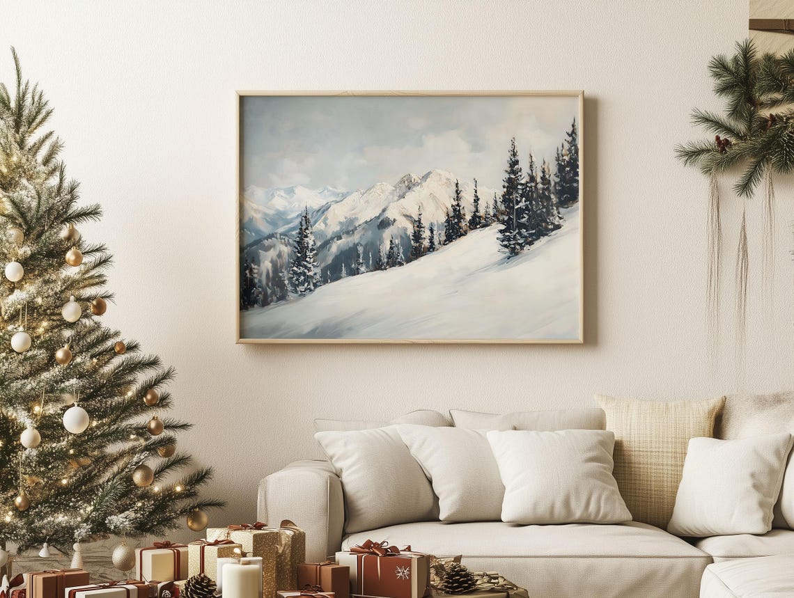 Snow Covered Mountain Peaks and Pine Forest Muted Oil Painting Poster - Image 2