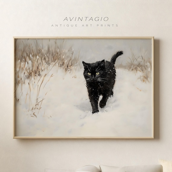 Black Cat In Winter Scene Print Snowy Landscape Art Vintage Christmas Gallery Antique Cottagecore Painting Moody White Evening Decor