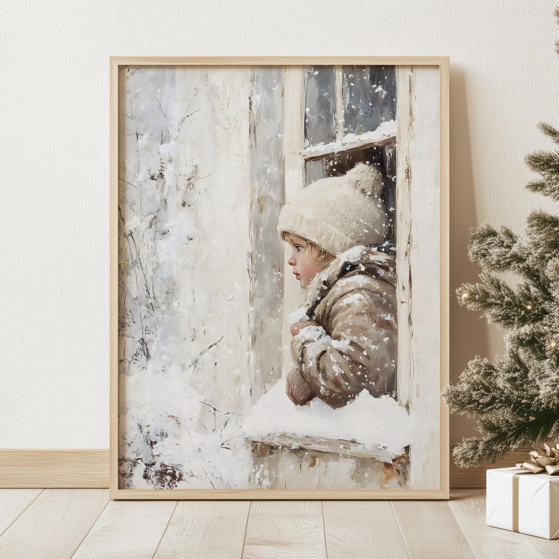 Little Child Watching Snowfall Through a Frosty Window Poster - Image 2
