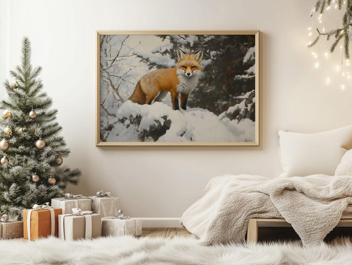 Red Fox Standing in Snowy Pine Forest Vintage Wildlife Painting Poster - Image 2