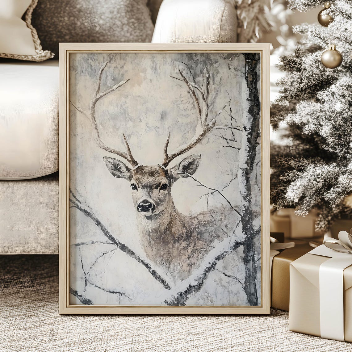 Majestic Stag with Antlers in Snowy Forest Muted Painting Poster