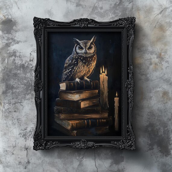 Owl Perched on Stack of Books with Candles Dark Academia Poster