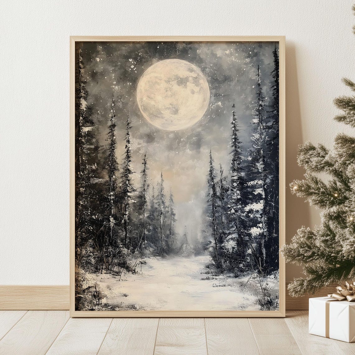 Full Moon Over Snowy Pine Forest Winter Night Oil Painting Poster - Image 2