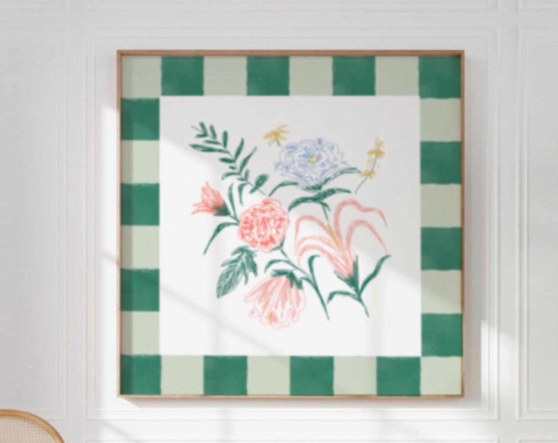 Green Gingham Check Border Floral Bouquet Sketch Square Art Print - Image 3
