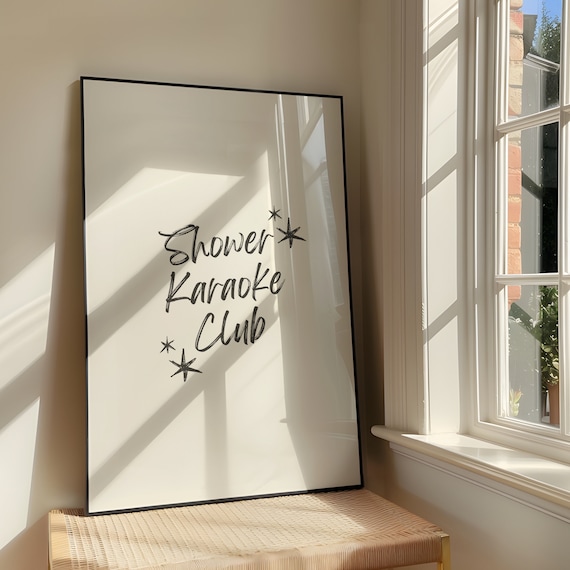 Shower Karaoke Club Wall Art Brush Print Bold Sassy Humour Artwork Cute Retro Quote Bathroom Poster Design
