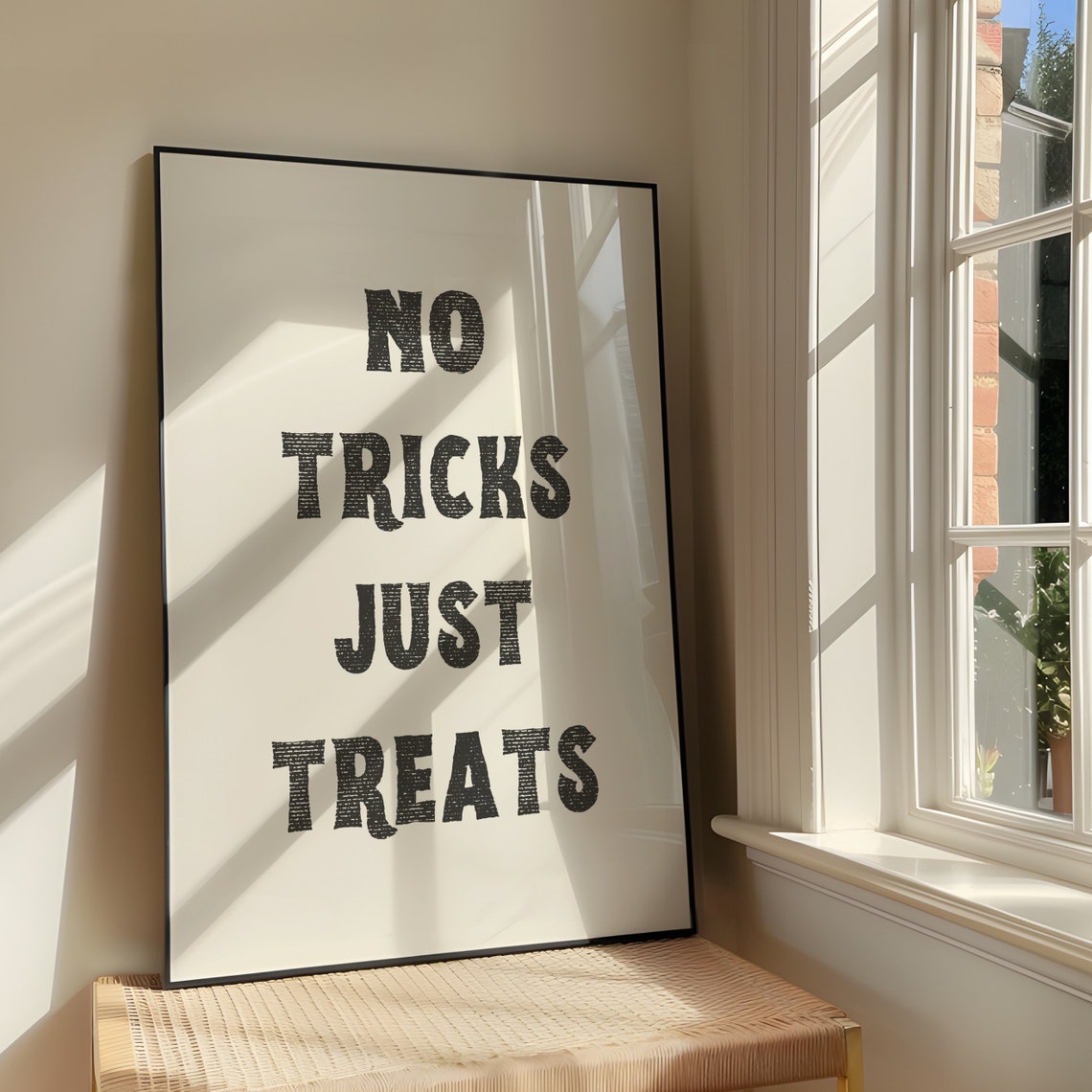 No Tricks Just Treats Wall Art Print Bold Artwork Halloween Decor Quote Poster Design Vintage Stamp