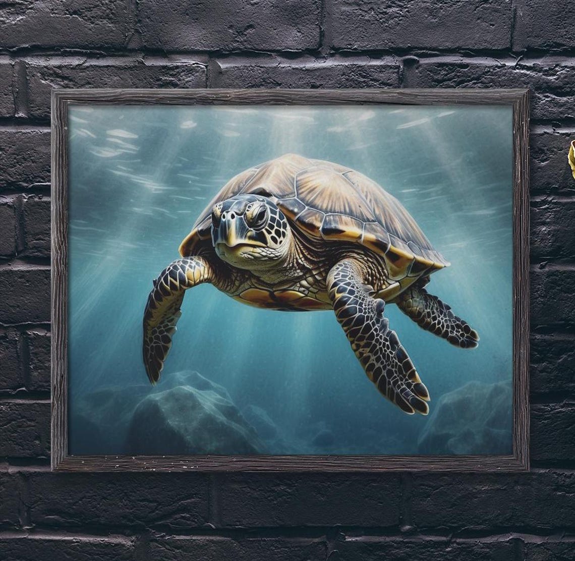 Sea Turtle Swimming Through Sunlit Ocean Rays Wildlife Art Poster