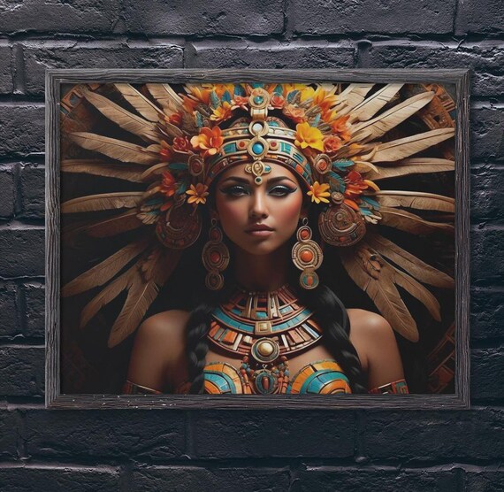 Aztec Sun Goddess Feather Headdress Gold Jewelry Portrait Art Print