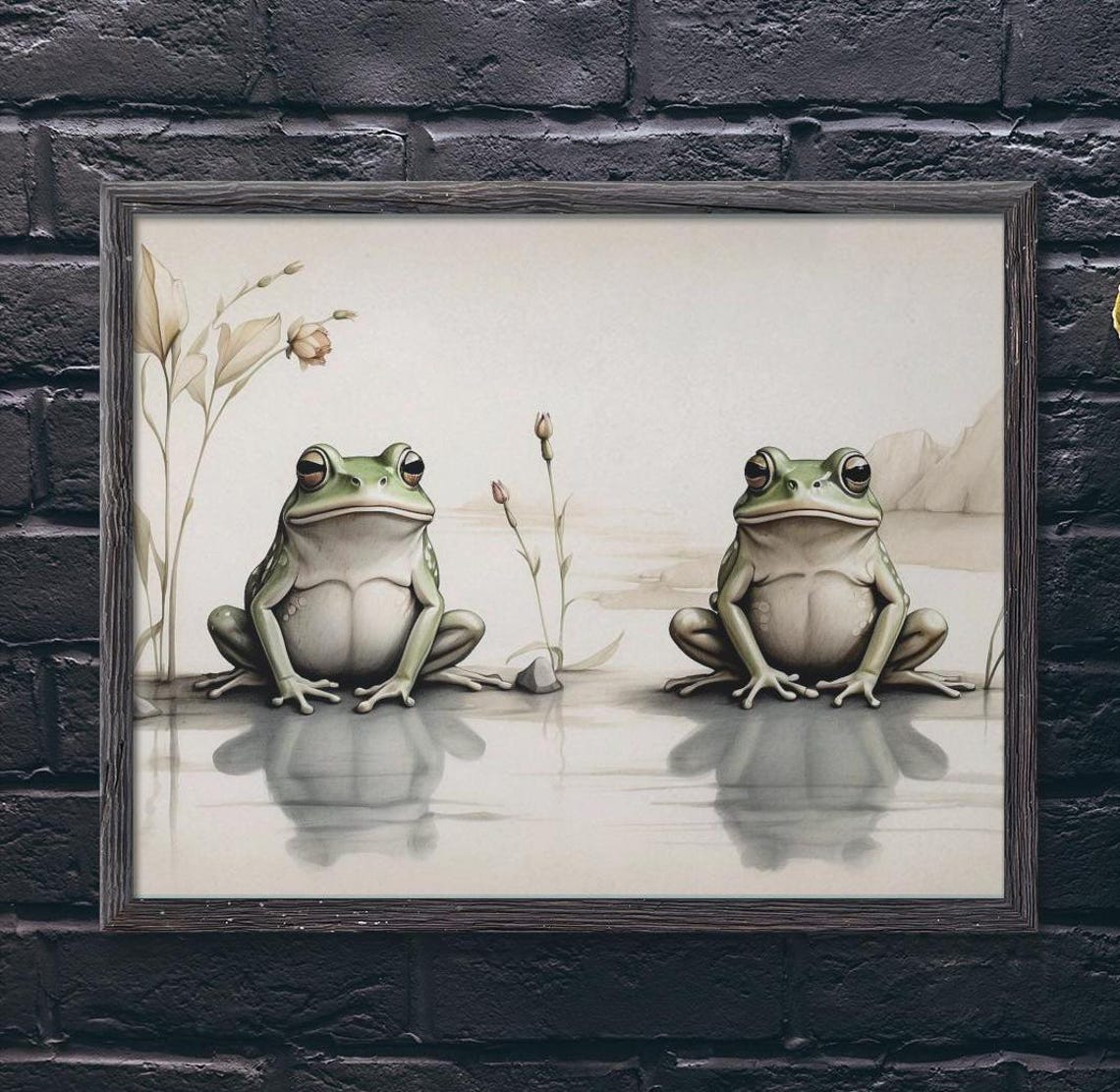 Two Green Frogs In Water Minimalist Japanese Style Art Wall Poster