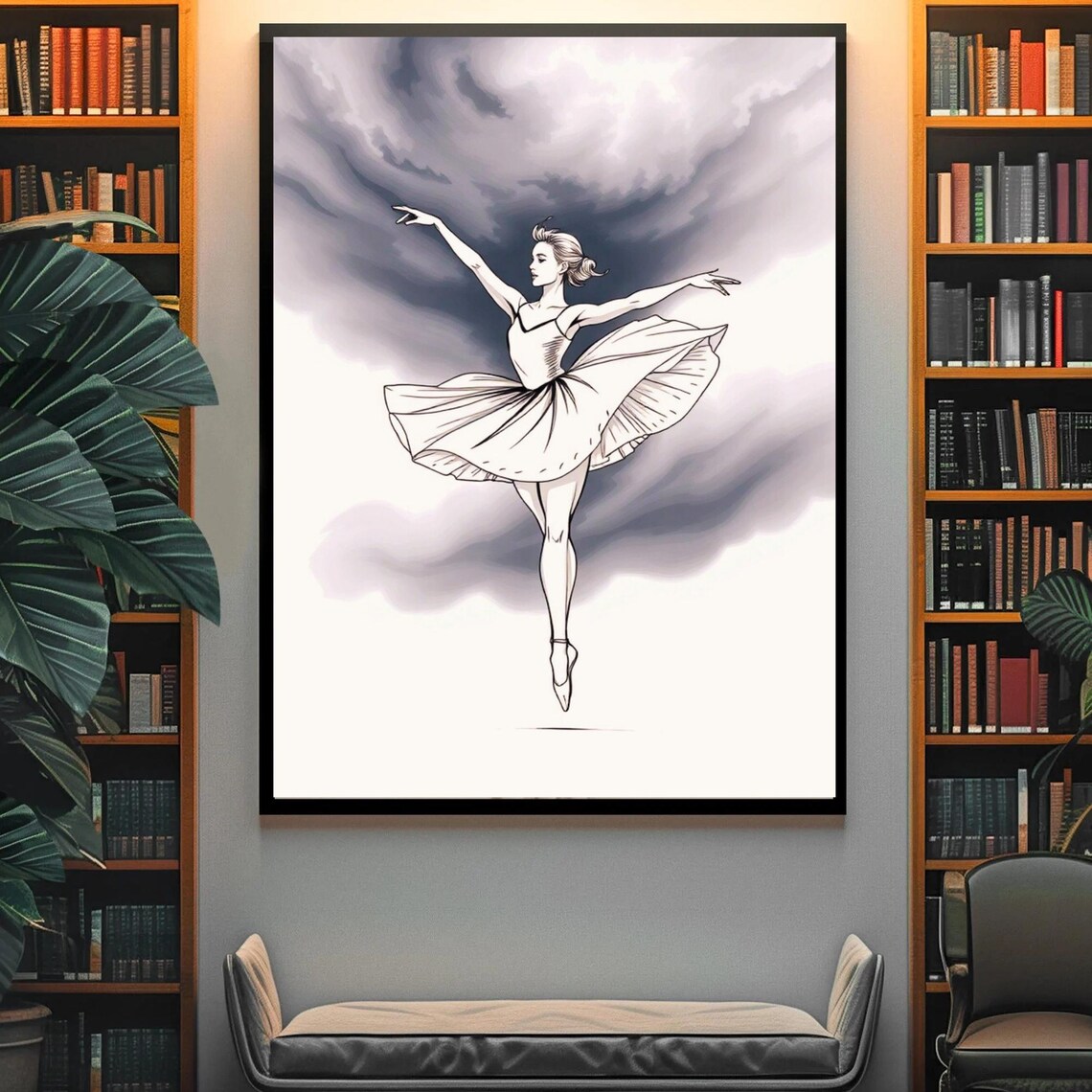 Ballerina Sketch En Pointe Flowing White Tutu Smoky Gray Ballet Art Print - Image 4