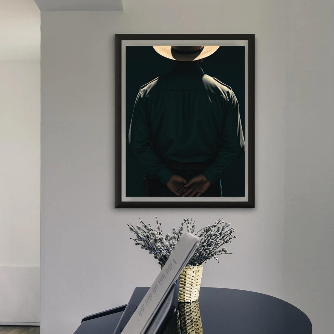 Cowboy From Behind Dark Green Shirt Clasped Hands Moody Ranch Print - Image 3
