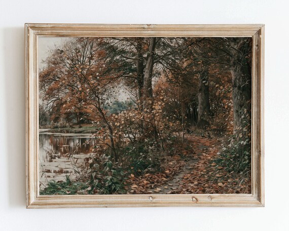 Autumn Lake with Golden Trees and Leaf Path Vintage Landscape Poster