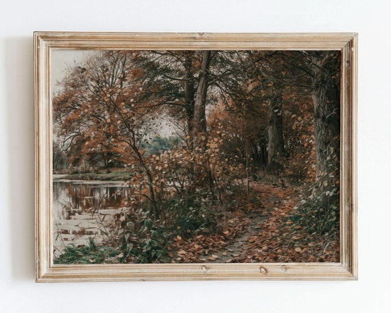 Rustic European Vintage Autumn Lake Landscape Oil Painting Wall Art Print Neutral Poster Farmhouse Antique Dark Moody Art Vp51