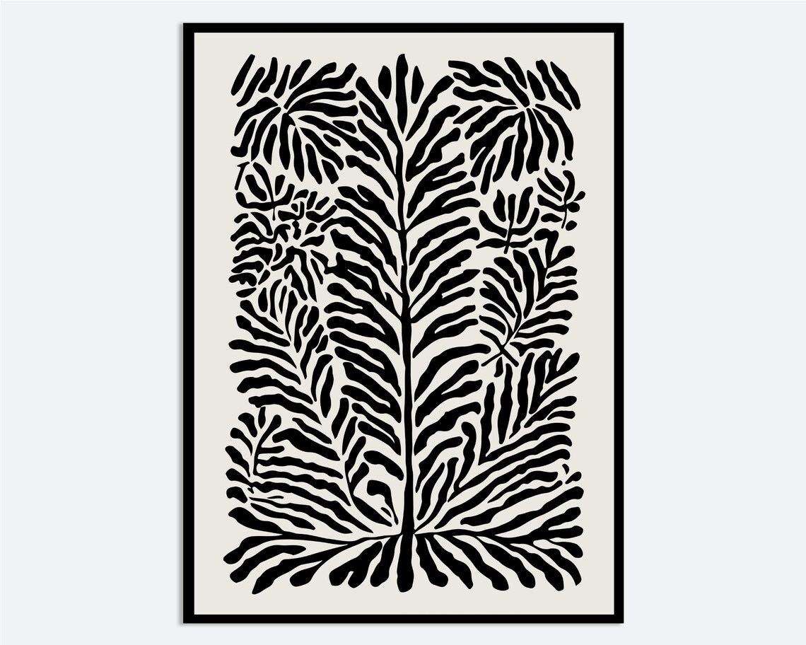 Black Abstract Style Leaves Illustration Wall Art Print Minimalist Monochromatic Floral Poster Botanical Greenery Boho Fm136